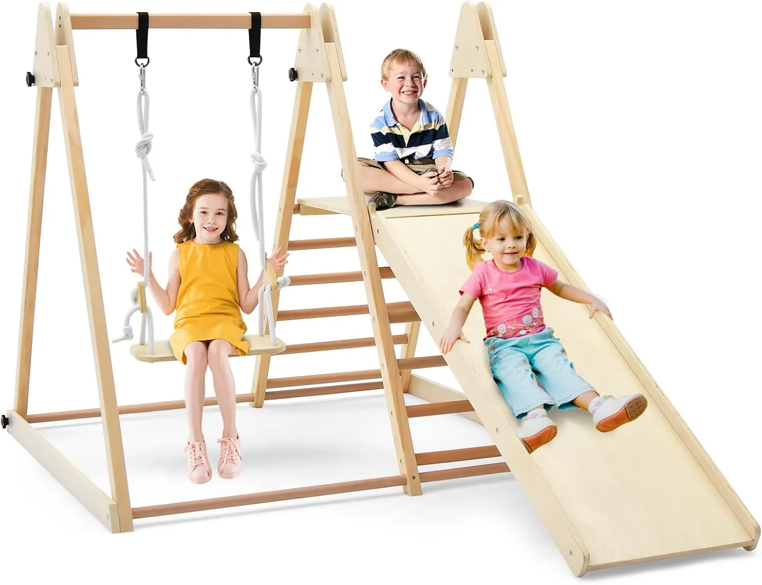 HONEY JOY Kids Indoor Jungle Gym, Large 5-in-1 Playground Climber Playset with Baby Swing, Slide Ramp, Ladder & Climbing Wall, Foldable Wooden Montessori Waldorf Play Gym, Climbing Toys for Toddlers