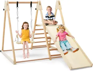 HONEY JOY Kids Indoor Jungle Gym, Large 5-in-1 Playground Climber Playset with Baby Swing, Slide Ramp, Ladder & Climbing Wall, Foldable Wooden Montessori Waldorf Play Gym, Climbing Toys for Toddlers