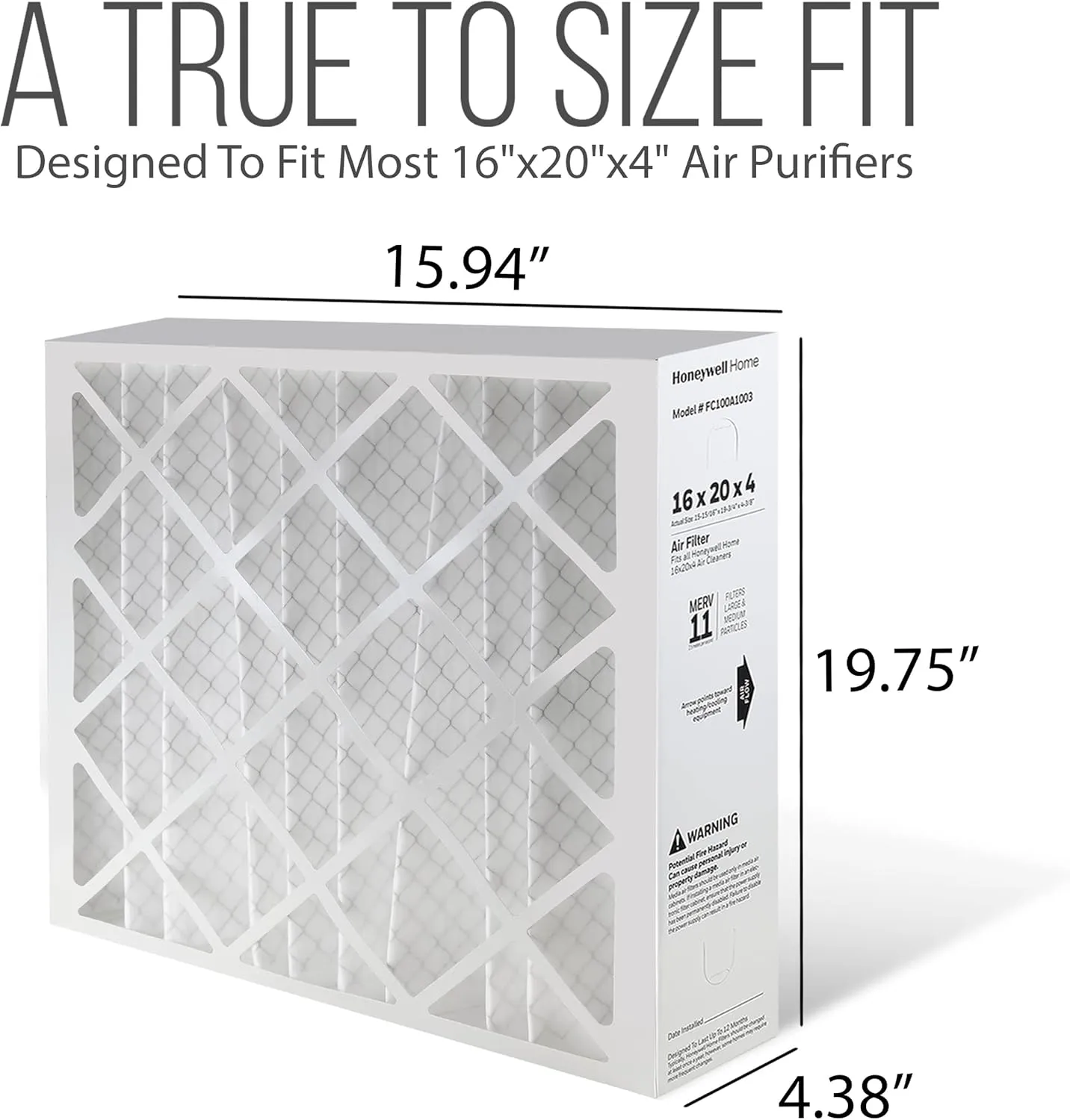 Honeywell 16x20x4 Air Filter Replacement - FC100A1003 HVAC Furnace Filters Merv 11 Filter Media, AC Filter with Homequip Disposal Bag, 3-Pack (Actual Size: 15.94 x 19.75 x 4.38 Inches)