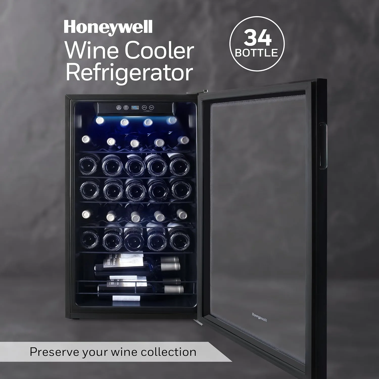 Honeywell 34 Bottle Compressor Wine Cooler Refrigerator, Large Freestanding Wine Cellar For Red, White, Champagne or Sparkling Wine, Digital Temperature Control, Stainless Steel