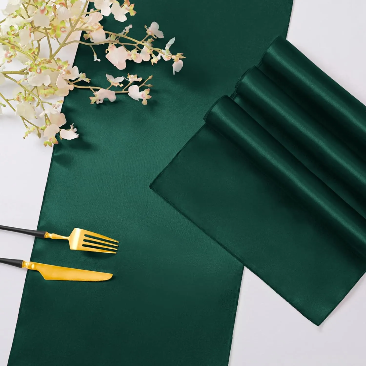 Horbaunal 12 Pack Forest Green Satin Table Runner 12 x 108 Inch, Smooth Table Runners for Wedding Banquets Birthday Party