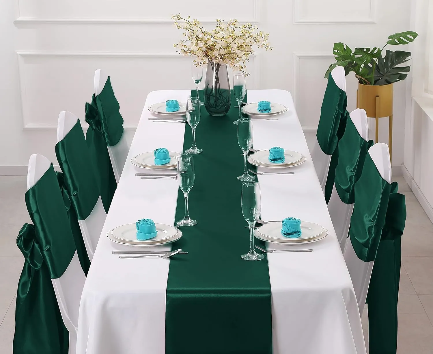 Horbaunal 12 Pack Forest Green Satin Table Runner 12 x 108 Inch, Smooth Table Runners for Wedding Banquets Birthday Party