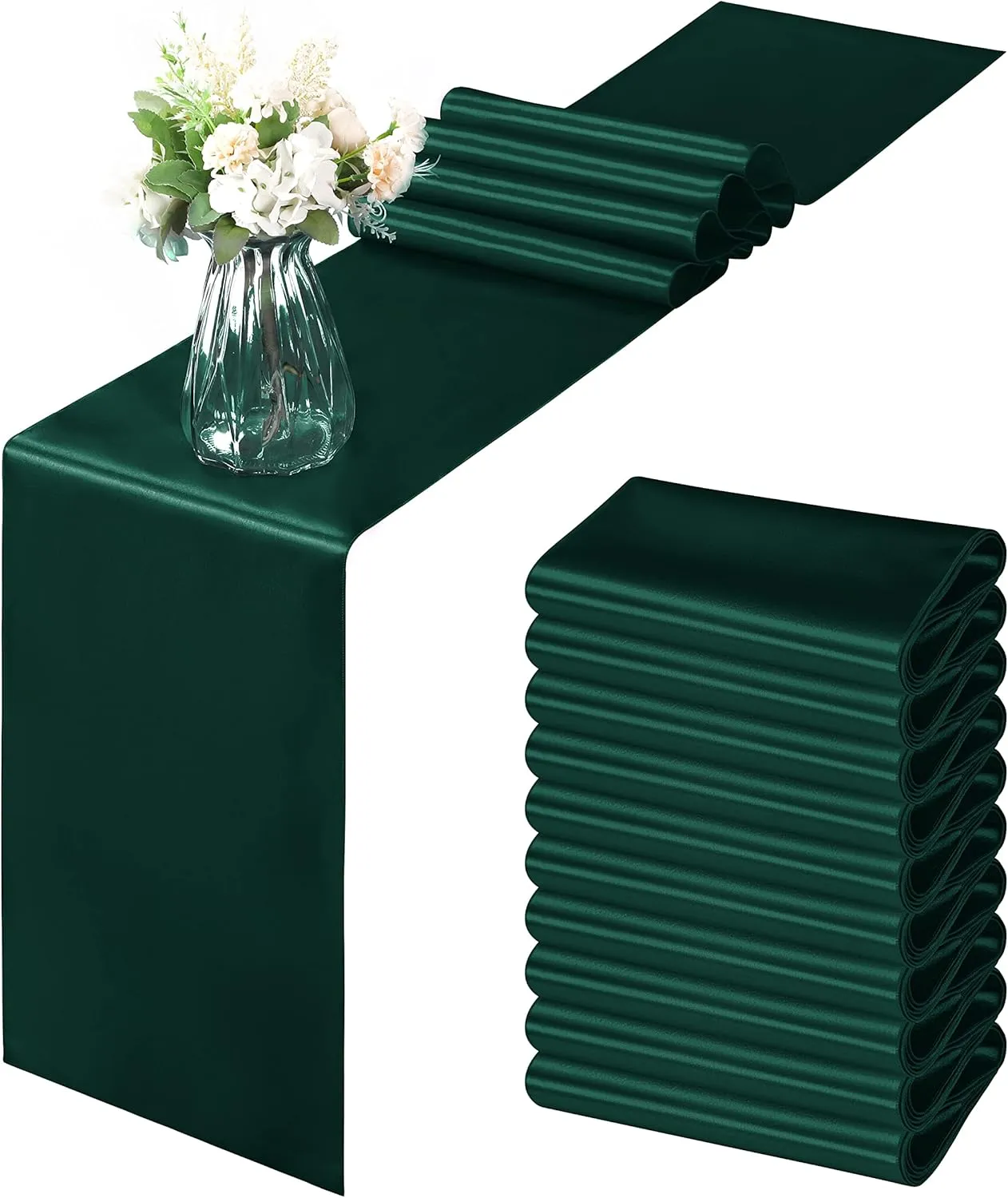 Horbaunal 12 Pack Forest Green Satin Table Runner 12 x 108 Inch, Smooth Table Runners for Wedding Banquets Birthday Party
