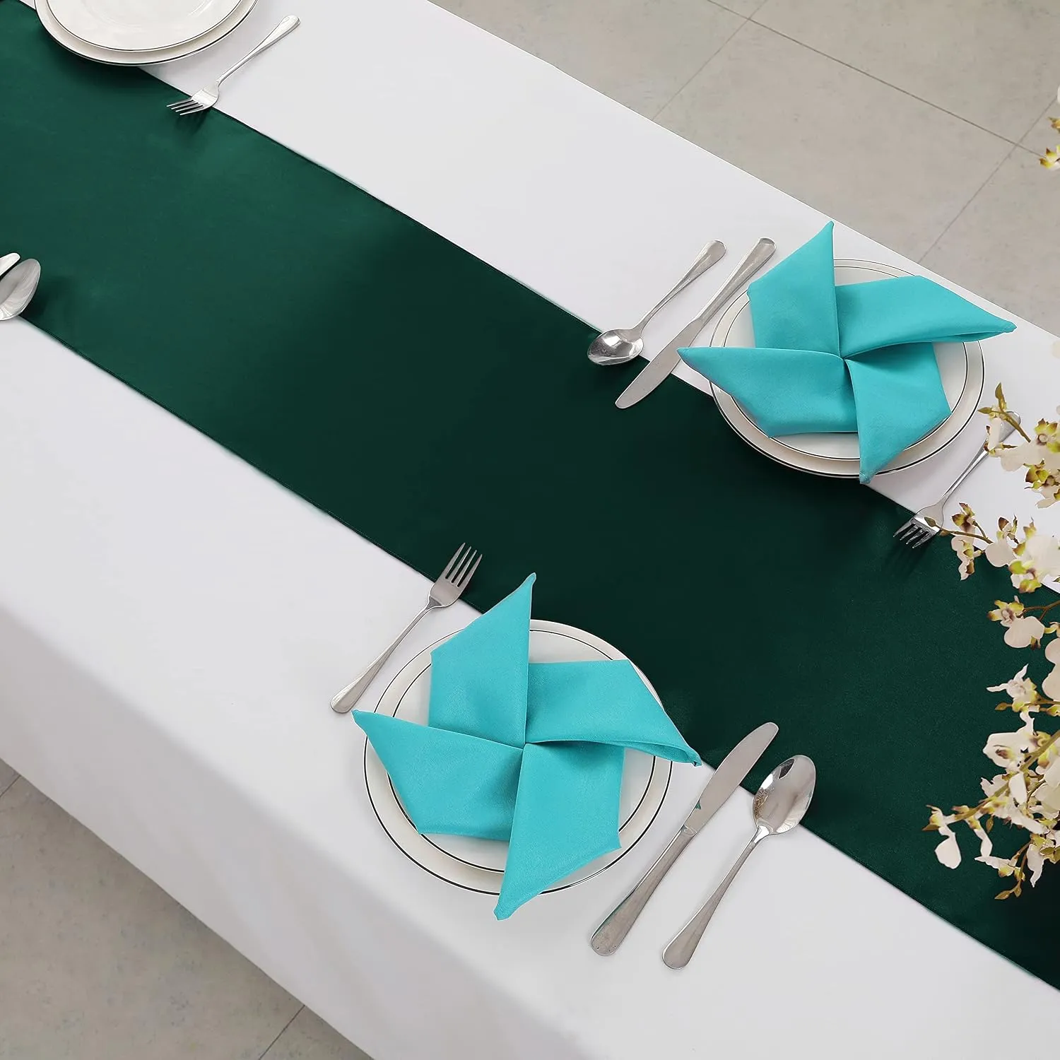 Horbaunal 12 Pack Forest Green Satin Table Runner 12 x 108 Inch, Smooth Table Runners for Wedding Banquets Birthday Party