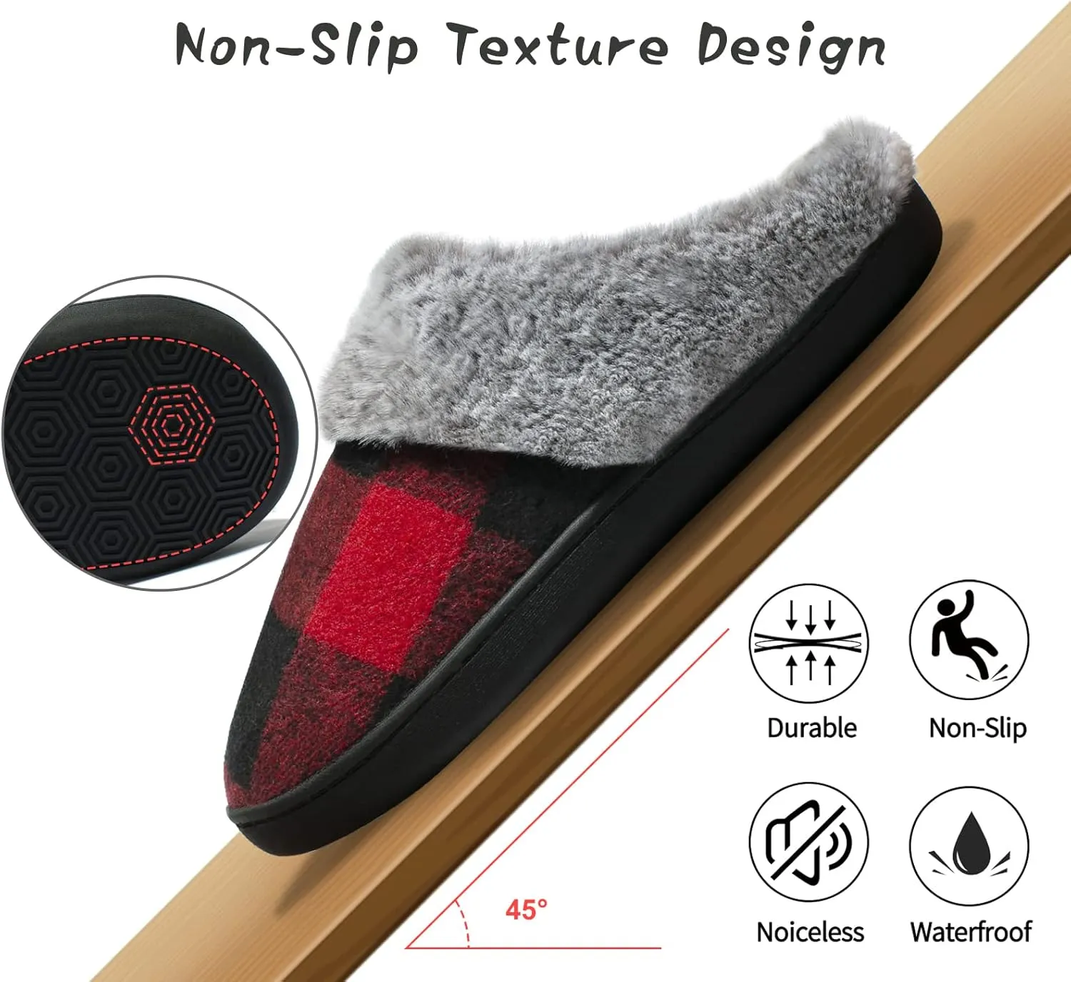 House Slippers for Women Indoor and Outdoor Memory Foam Fuzzy Slippers Bedroom Buffalo plaid Slip-on Shoes Christmas Gift