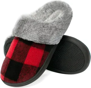 House Slippers for Women Indoor and Outdoor Memory Foam Fuzzy Slippers Bedroom Buffalo plaid Slip-on Shoes Christmas Gift
