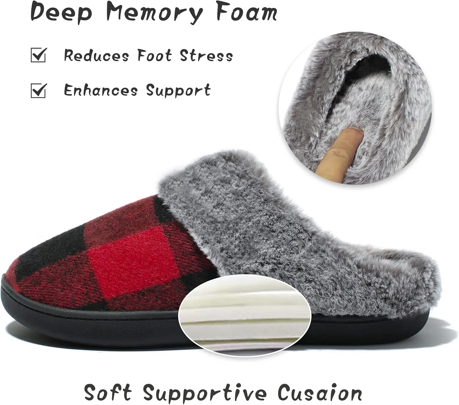 House Slippers for Women Indoor and Outdoor Memory Foam Fuzzy Slippers Bedroom Buffalo plaid Slip-on Shoes Christmas Gift