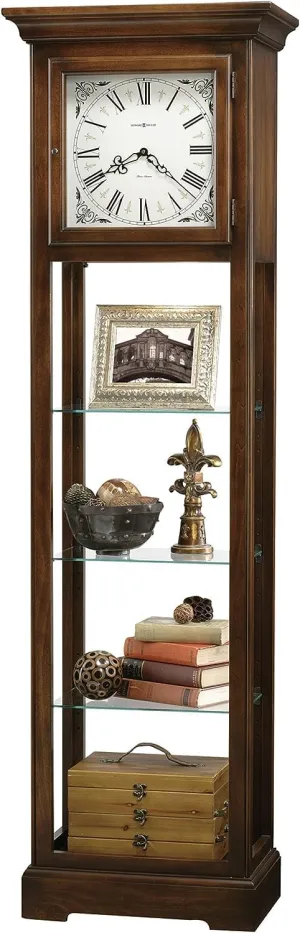 Howard Miller Calvin Curio Cabinet II, Analog Display Roman Numerals Espresso Finish with Adjustable Glass Shelves, Vertical Timepiece Decor for Bedroom & Living Room Harmonic Movement