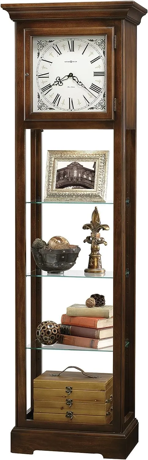 Howard Miller Calvin Curio Cabinet II, Analog Display Roman Numerals Espresso Finish with Adjustable Glass Shelves, Vertical Timepiece Decor for Bedroom & Living Room Harmonic Movement