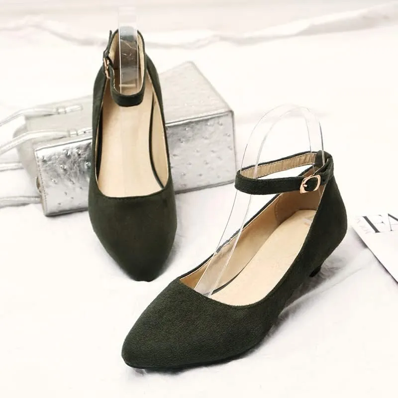 HuangTaiJi Qing Women's Classic Kitten Low Heeled Pumps Slip-on Work Shoes, Soft Faux Suede Buckle Decro Mid Heels for Office