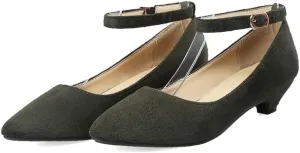 HuangTaiJi Qing Women's Classic Kitten Low Heeled Pumps Slip-on Work Shoes, Soft Faux Suede Buckle Decro Mid Heels for Office