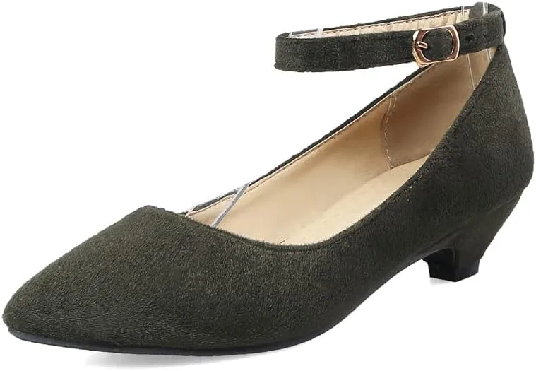 HuangTaiJi Qing Women's Classic Kitten Low Heeled Pumps Slip-on Work Shoes, Soft Faux Suede Buckle Decro Mid Heels for Office