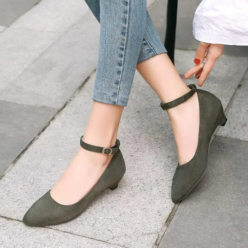 HuangTaiJi Qing Women's Classic Kitten Low Heeled Pumps Slip-on Work Shoes, Soft Faux Suede Buckle Decro Mid Heels for Office