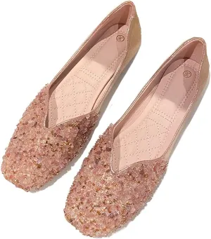 HuangTaiJi Qing Women's Square Toe Rhinestone V-Cut Slip on Dress Flats,Fashion Sweet Wedding Ballets Flat Pink US 4.5