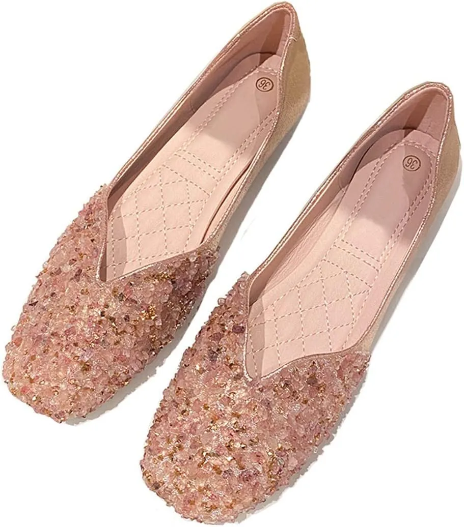 HuangTaiJi Qing Women's Square Toe Rhinestone V-Cut Slip on Dress Flats,Fashion Sweet Wedding Ballets Flat Pink US 4.5