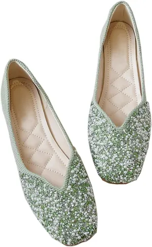 HuangTaiJi Qing Women's Square Toe Rhinestone V-Cut Slip on Dress Flats,Fashion Sweet Wedding Ballets Flat Y-Green US 8.5