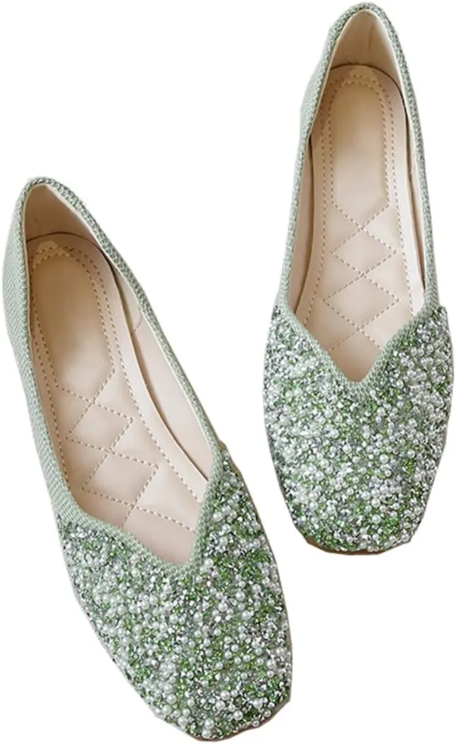 HuangTaiJi Qing Women's Square Toe Rhinestone V-Cut Slip on Dress Flats,Fashion Sweet Wedding Ballets Flat Y-Green US 8.5