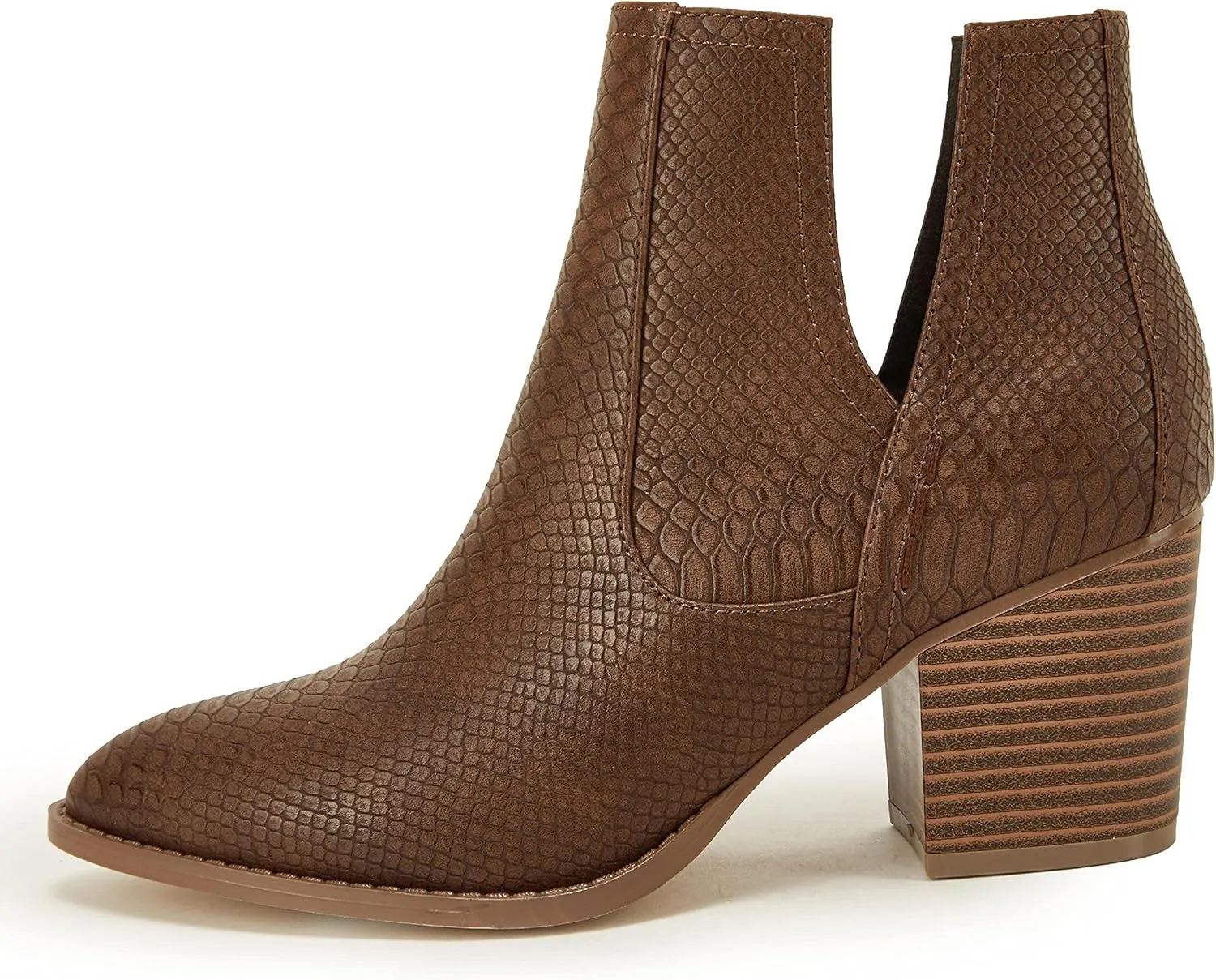 Huiyuzhi Womens Ankle Boots Slip on Cutout Pointed Toe Snakeskin Chunky Stacked Mid Heel Bootie