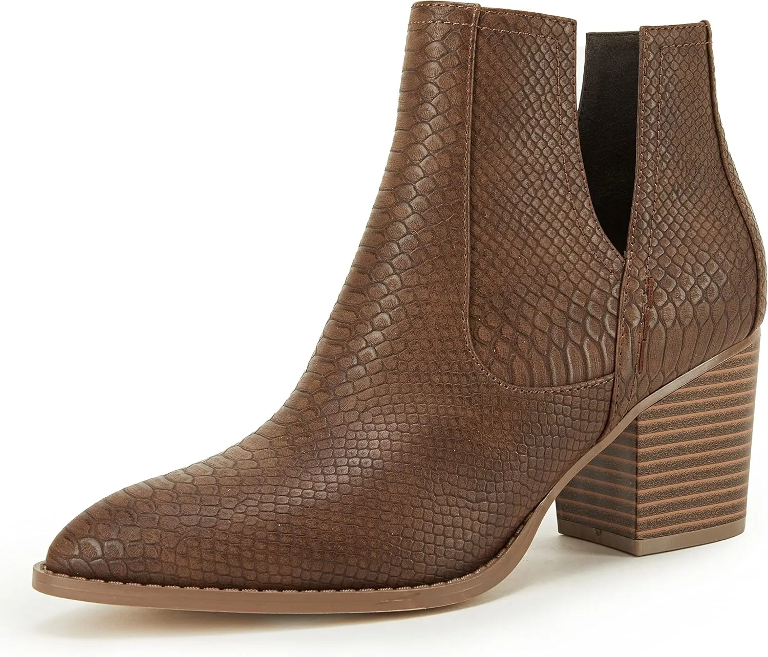Huiyuzhi Womens Ankle Boots Slip on Cutout Pointed Toe Snakeskin Chunky Stacked Mid Heel Bootie