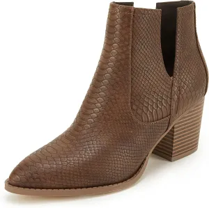 Huiyuzhi Womens Ankle Boots Slip on Cutout Pointed Toe Snakeskin Chunky Stacked Mid Heel Bootie