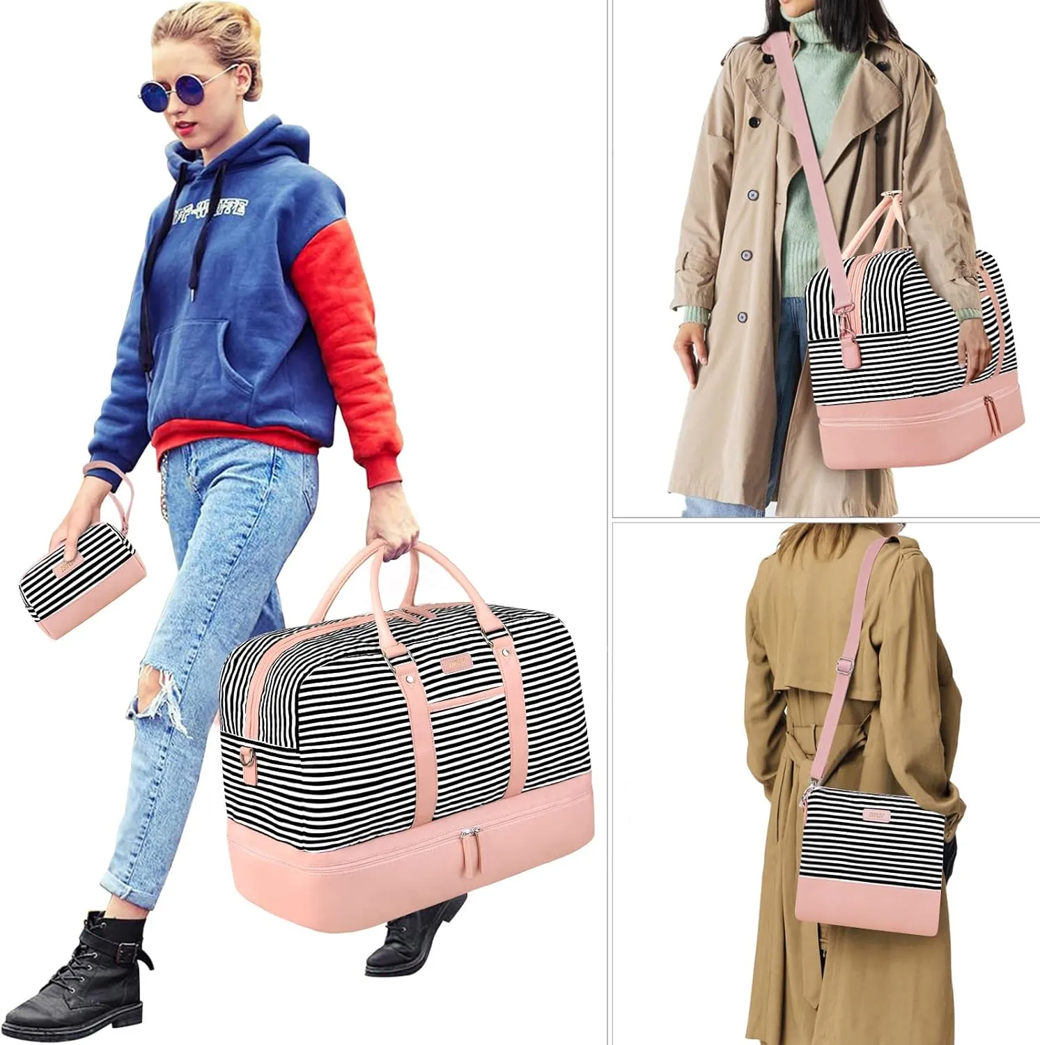 IBFUN Weekender Bags for Women, Large Overnight Bag Canvas Travel Duffel Bag Carry On Tote with Shoe Compartment 21" 3Pcs Set