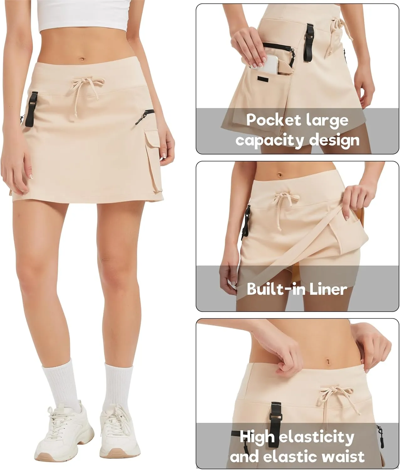 Idtswch Women's 16" High Waisted Hiking Cargo Skort with Zipper Pockets - Quick Dry Golf & Workout Skirt
