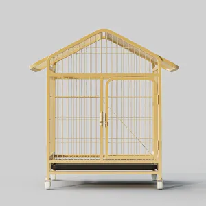 Indoor Cat Cage 2-Tier Pet Cages, House Shape with 4 Scroll Wheel, Easy to Move, Thickened Steel, Furniture Decoration,Gold