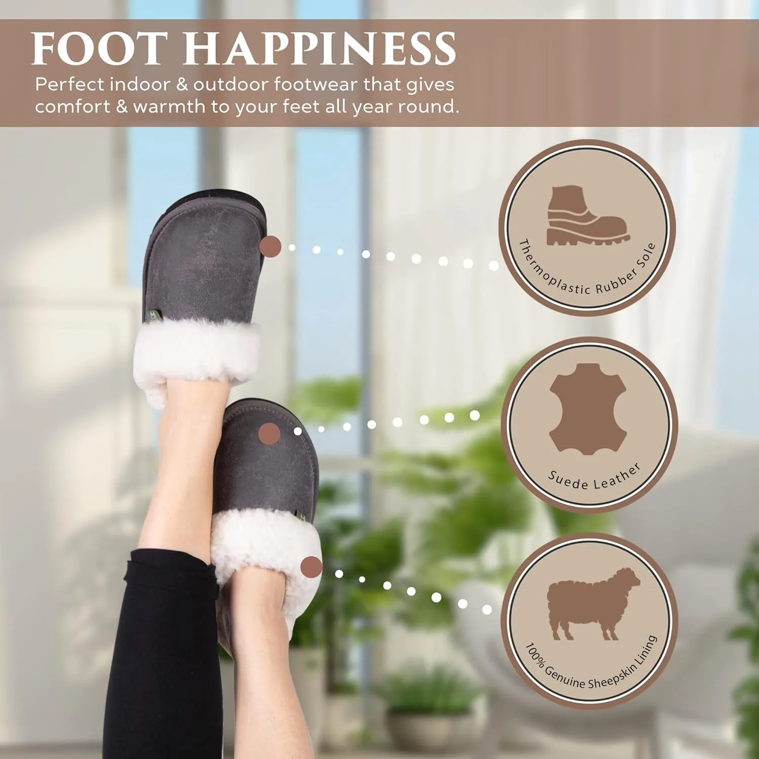 Indoor Outdoor Scuff House Slippers for Women - Genuine Sheepskin Slip-on Slippers