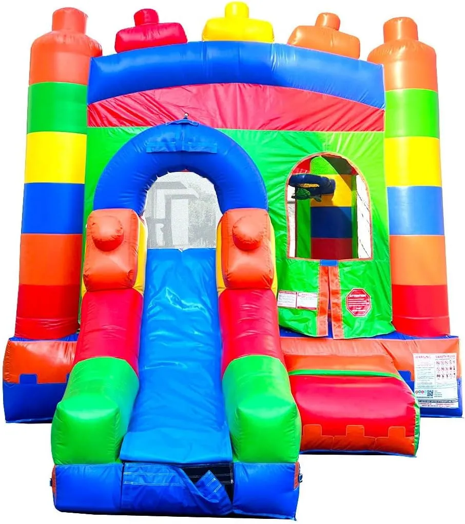 Inflatable Bounce House with Slide for Kids 12 x 12 x 18 Foot - Backyard Building Block Combo Bouncer, Outdoor Toys, Jumpers for Kids - Includes: Blower, Stakes, and Storage Bag