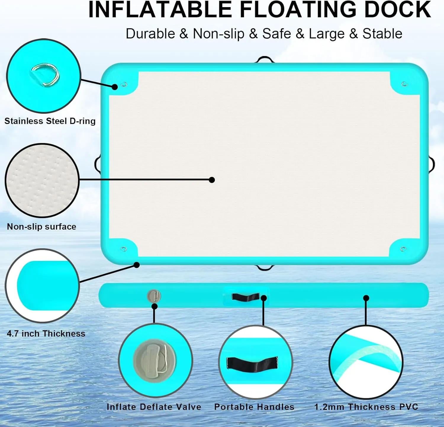 Inflatable Floating Dock Platform Floating Island Raft Water Mat Swim Raft with None-Slip Surface for Pool Beach Ocean