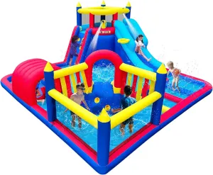 Inflatable Square Water Slide Park,15x15FT,Big Splash Pool,Long&Short Slides,Fun Crawl Tunnel,Basketball Hoop,GFCI Blower,Bounce Castle for Party Fun