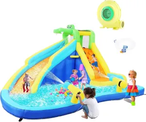 Inflatable Water Slide Park, Kids Bounce House with Slides, Climbing Wall, Splash Pool, Cannon, Basketball Hoop Jumping Castle w/Air Blower, Hose, Carry Bag, Repairing Kit, Stakes 1