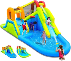 Inflatable Water Slide with Air Blower, Water Park for Kids Backyard, Blow Up Water Slide with 2 Slide, 2 Climbing Wall, Basketball Hoop, Water Cannon and Splash Pool