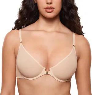 INLYRIC Women's Cosnufy Sheer Front Closure Bra - Demi Sexy Seamless Unlined No Padding Mesh Underwire Bra