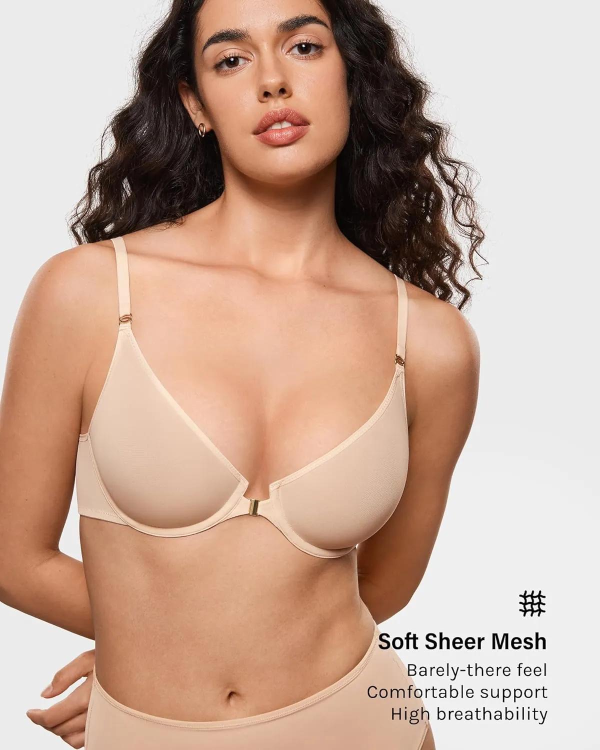 INLYRIC Women's Cosnufy Sheer Front Closure Bra - Demi Sexy Seamless Unlined No Padding Mesh Underwire Bra
