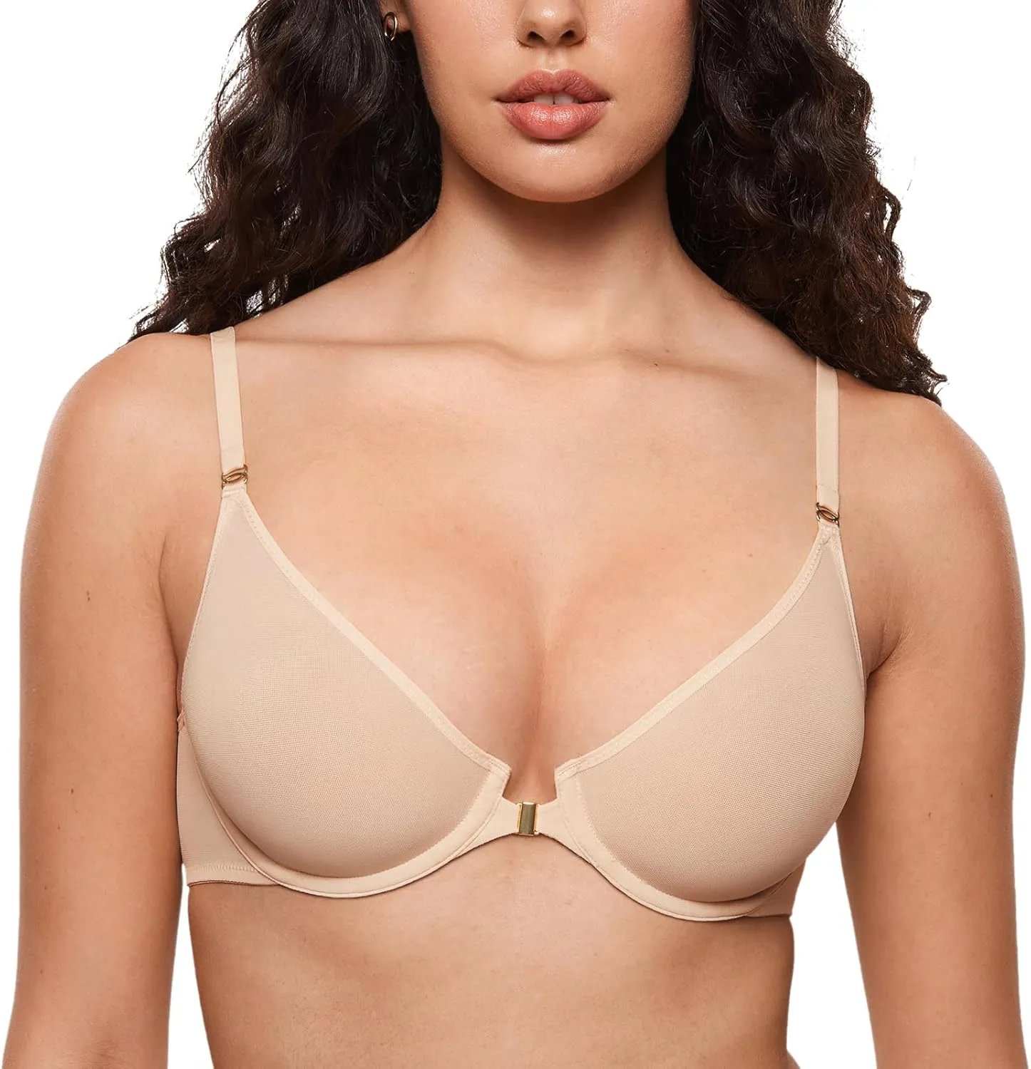 INLYRIC Women's Cosnufy Sheer Front Closure Bra - Demi Sexy Seamless Unlined No Padding Mesh Underwire Bra