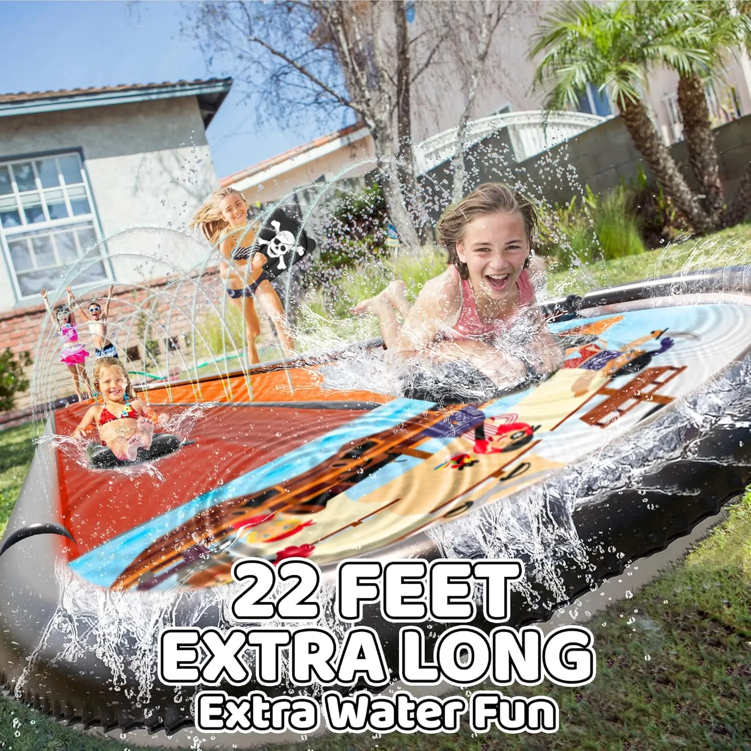 JAMBO 22Ft Water Slide and 2 Bodyboards, Extra Long Heavy Duty Slip Splash and Slide with Inflatable Bumpers, Pirate Splash Mat Water Sprinkler, Outdoor Water Toys, Summer n Toy, Splash Pad
