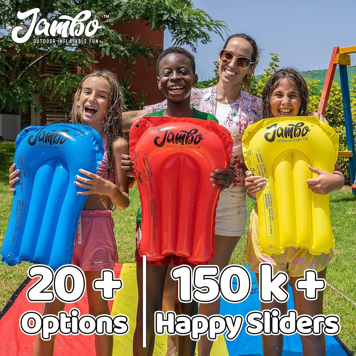 JAMBO Premium Triple Water Slide with 3 Bodyboards, 20Ft Heavy Duty Slip Splash and Slides-Advanced 3-Way Sprinkler System, Splash Pad Mat Backyard Summer Outdoor Water Toys n Long Slides for Kids