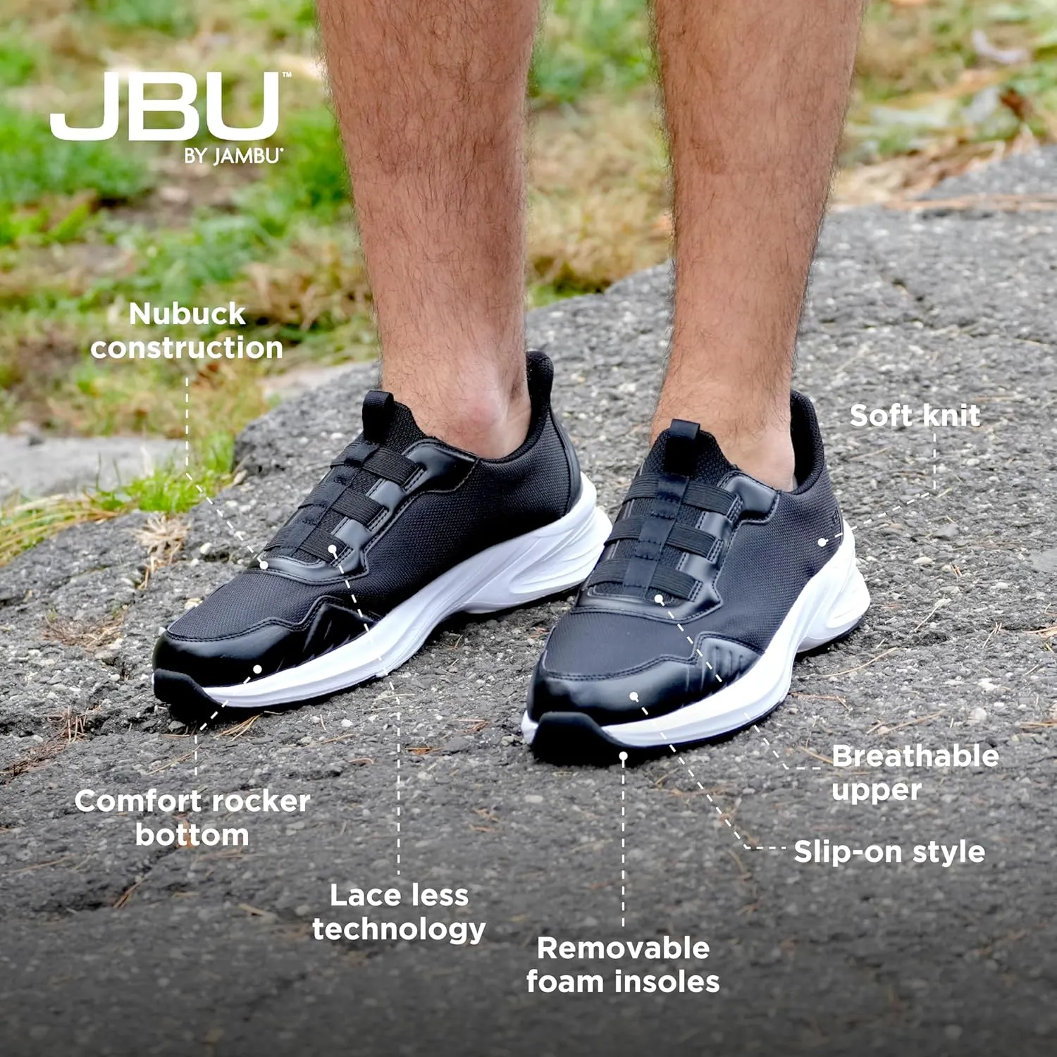 Jambu Men's Dash Easy-Wear Slip-On, Soft Knit and Nubuck Construction, Removable Relax Foam Insoles, Comfort Rocker Bottom, Black, 11
