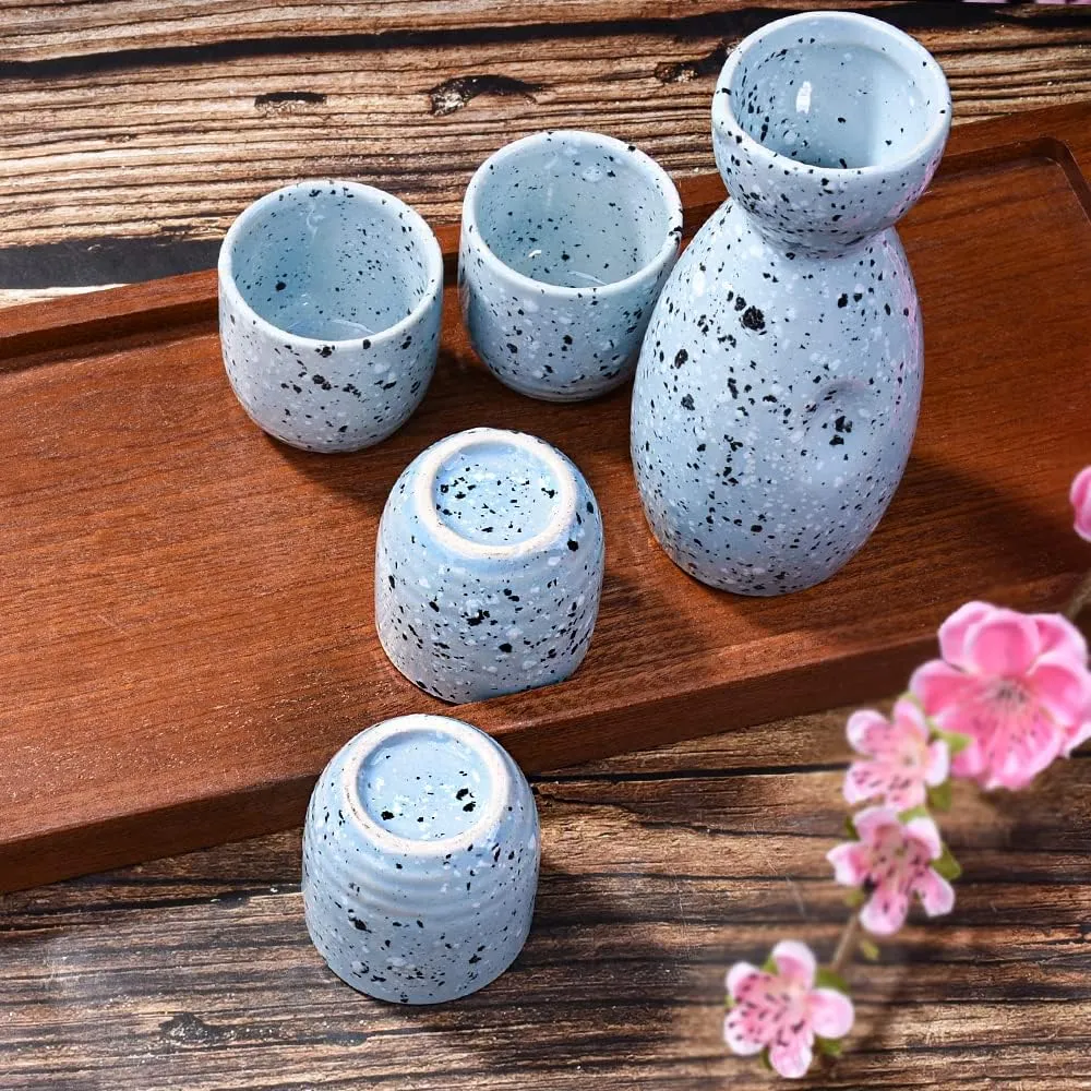 Japanese Sake Ceramic Set of 5 with 1 Sake Bottle and 4 Sake Cups for Sake and Wine Blue