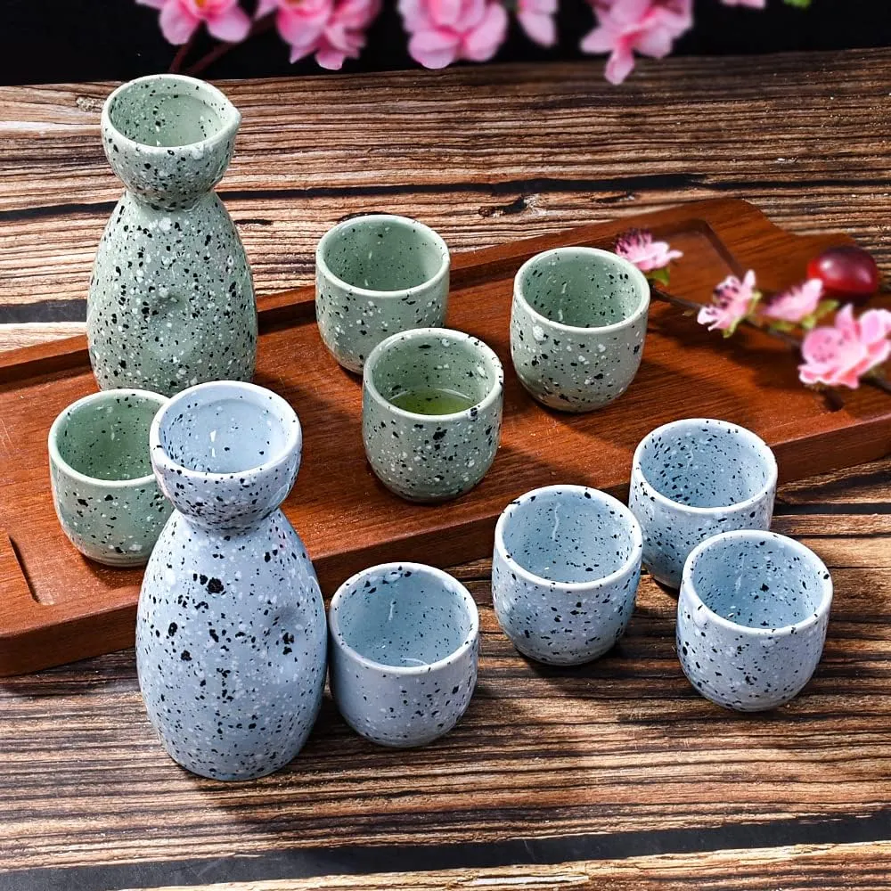Japanese Sake Ceramic Set of 5 with 1 Sake Bottle and 4 Sake Cups for Sake and Wine Blue