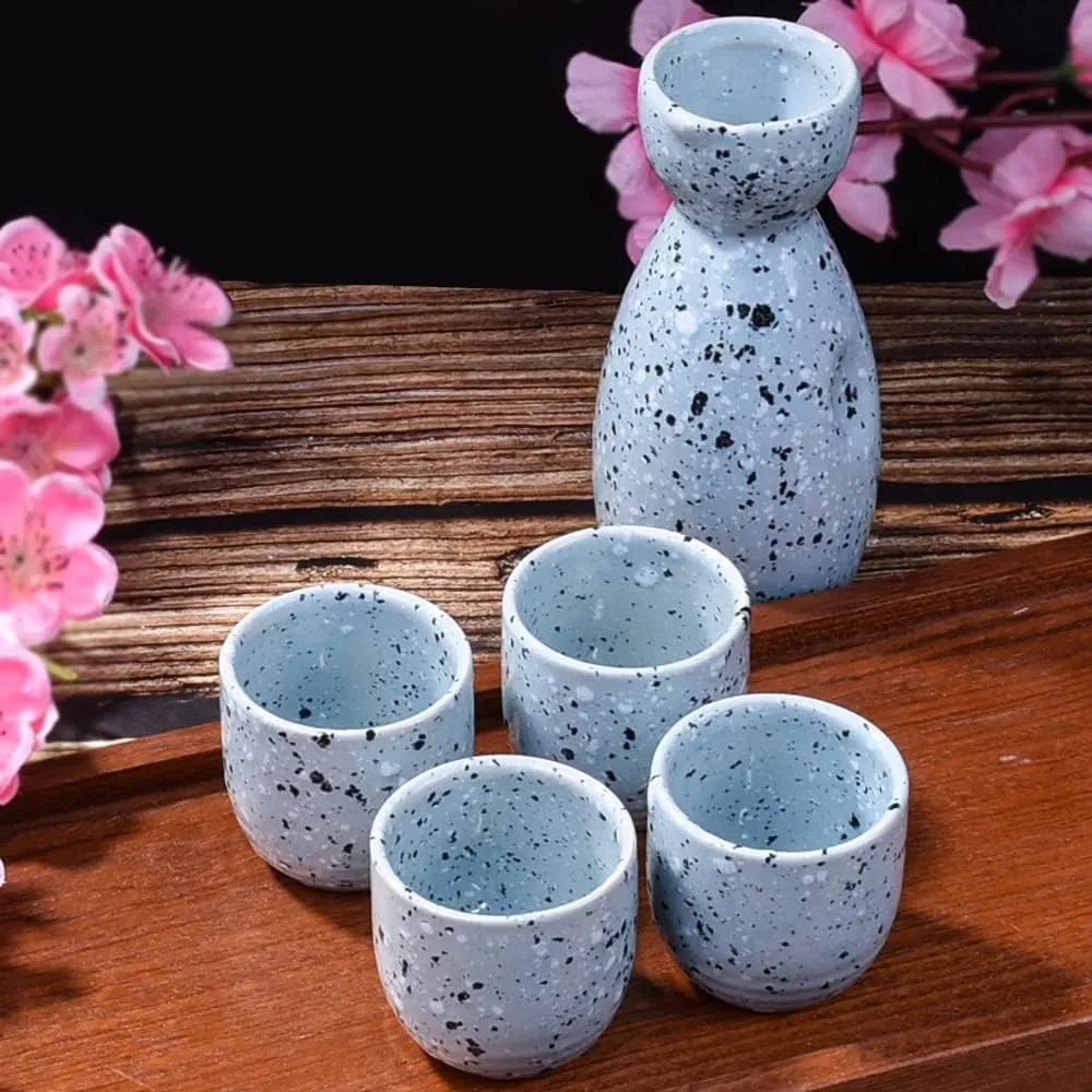 Japanese Sake Ceramic Set of 5 with 1 Sake Bottle and 4 Sake Cups for Sake and Wine Blue
