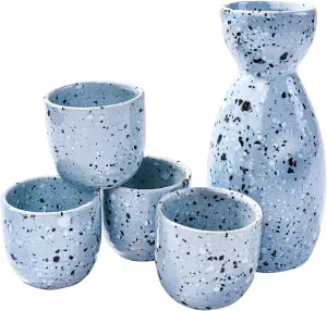 Japanese Sake Ceramic Set of 5 with 1 Sake Bottle and 4 Sake Cups for Sake and Wine Blue