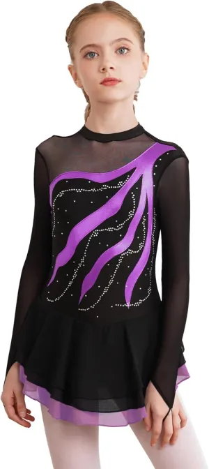 JEATHA Girls Figure Ice Skating Dress Rhinestone Sequin Splice Mesh Tutu Skirted Leotard Ballet Dance Costume