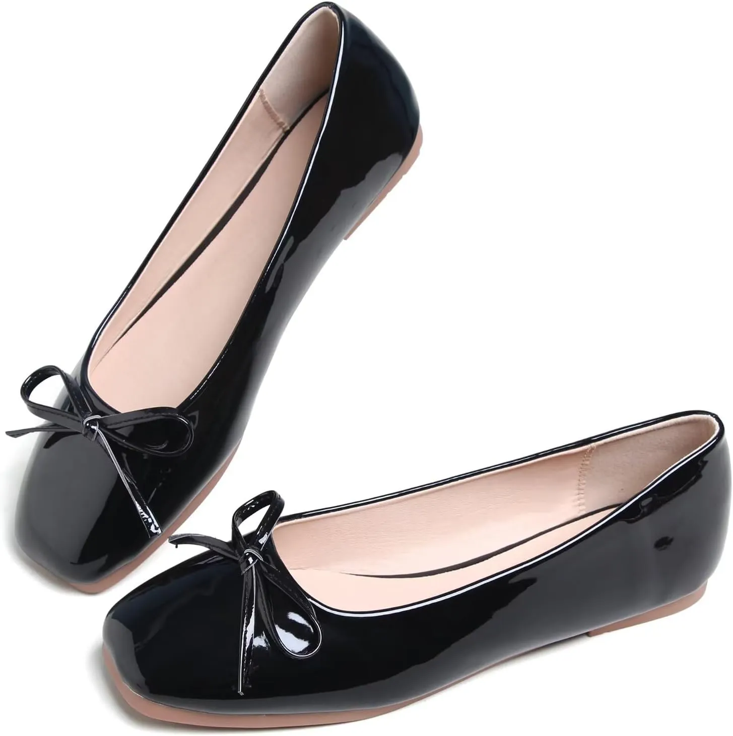 JiangWei Shu Women's Bow Knot Square Toe Ballet Flats Slip On Walking Wedding Soft Shoes