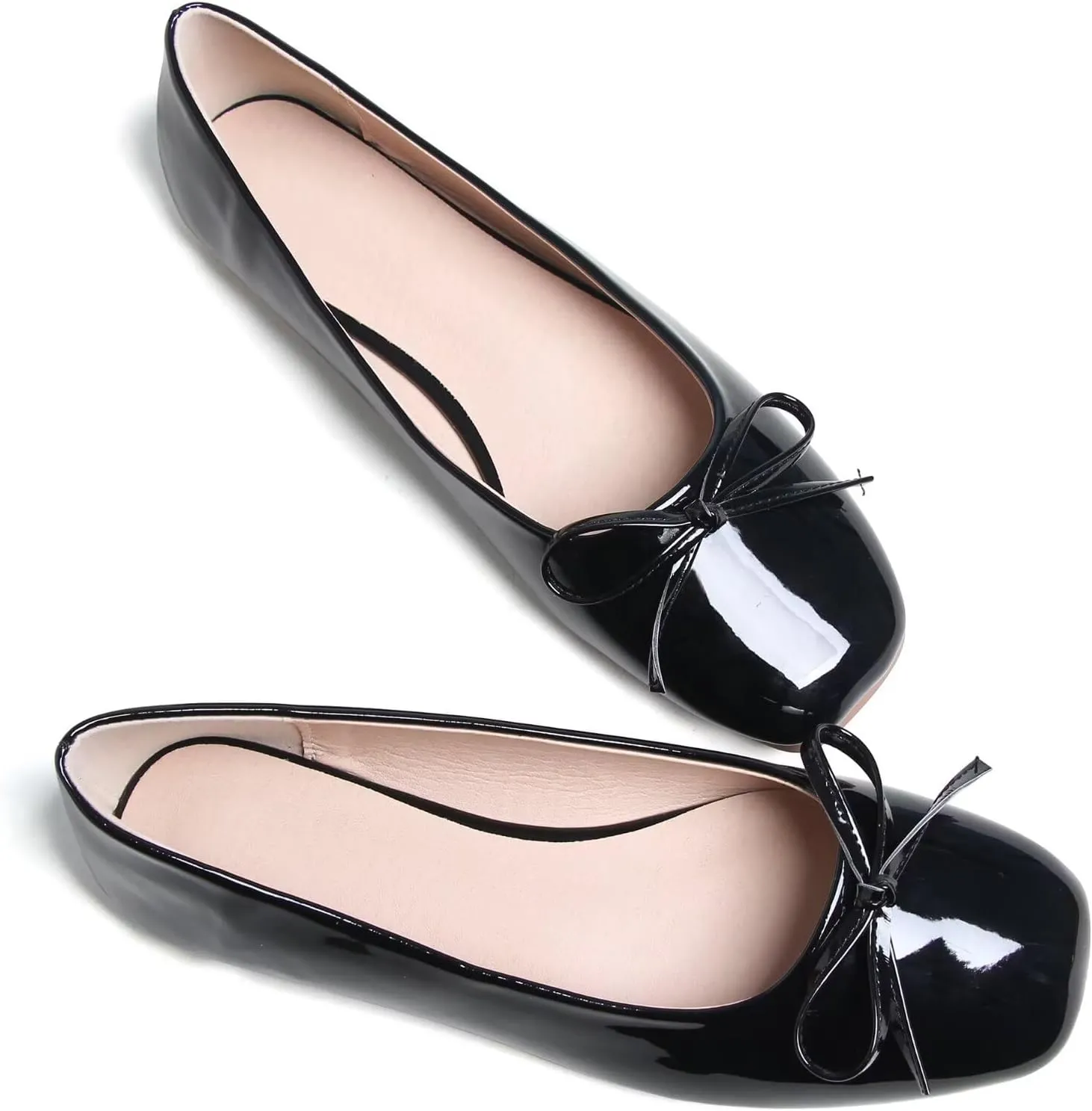 JiangWei Shu Women's Bow Knot Square Toe Ballet Flats Slip On Walking Wedding Soft Shoes