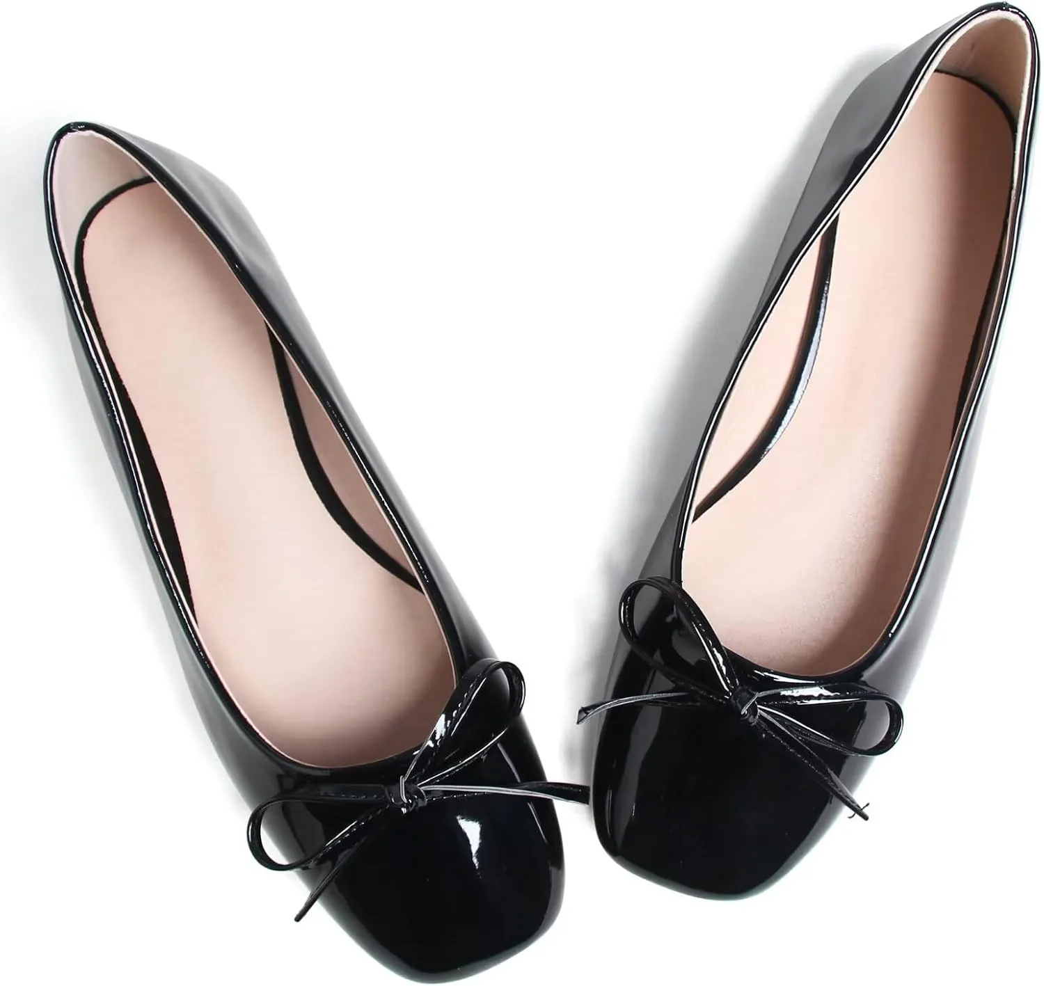 JiangWei Shu Women's Bow Knot Square Toe Ballet Flats Slip On Walking Wedding Soft Shoes