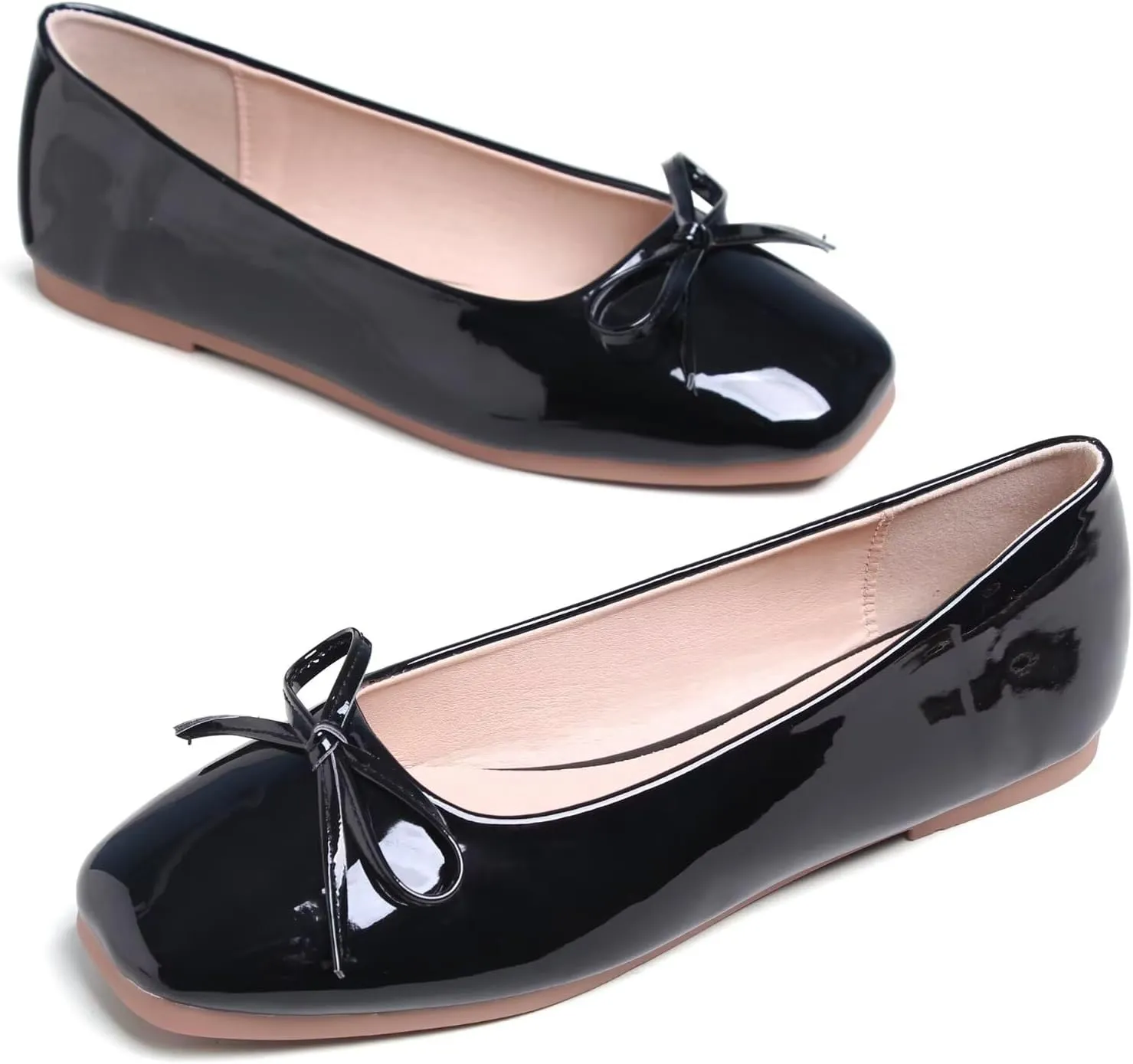 JiangWei Shu Women's Bow Knot Square Toe Ballet Flats Slip On Walking Wedding Soft Shoes