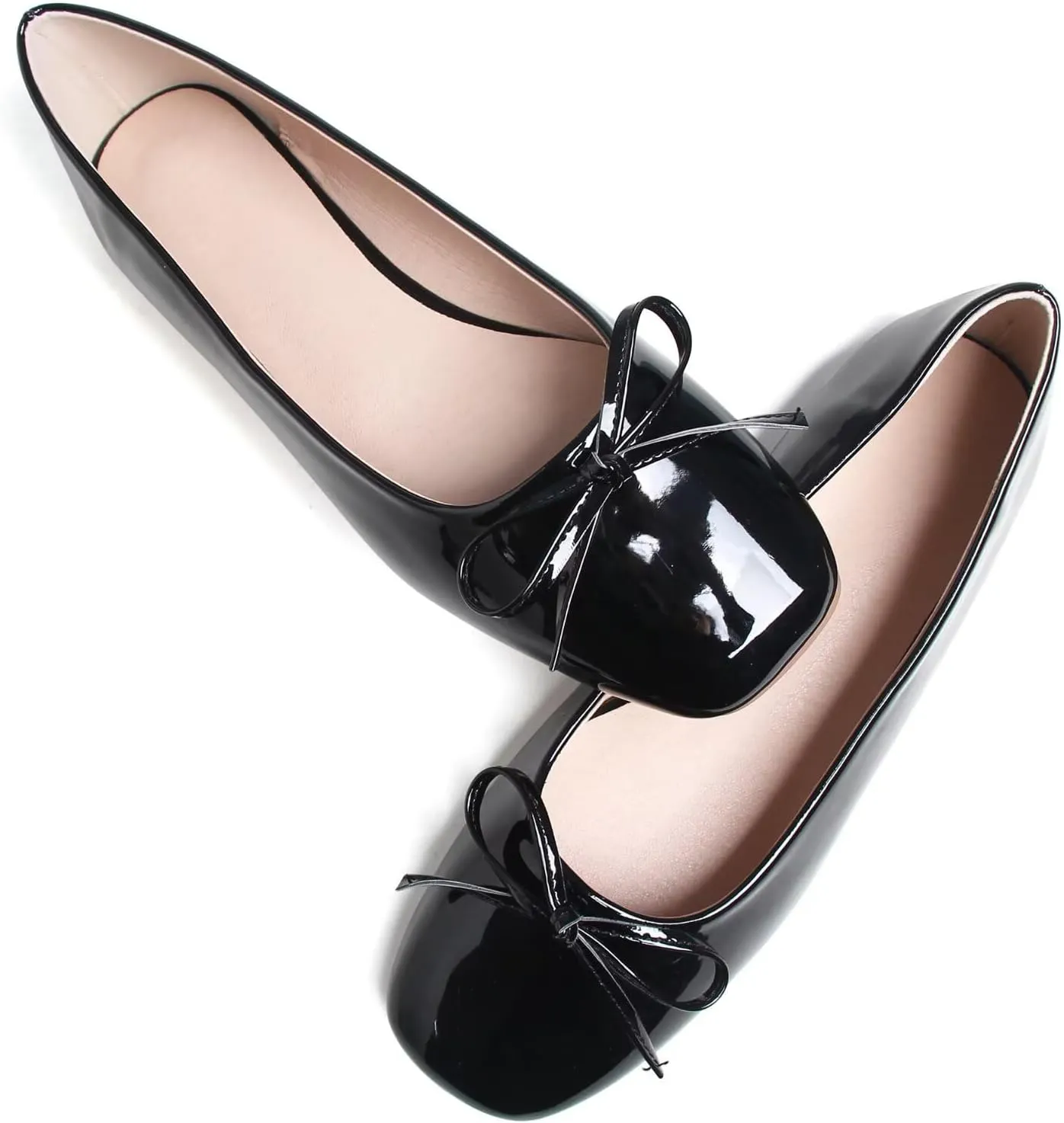 JiangWei Shu Women's Bow Knot Square Toe Ballet Flats Slip On Walking Wedding Soft Shoes