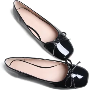 JiangWei Shu Women's Bow Knot Square Toe Ballet Flats Slip On Walking Wedding Soft Shoes